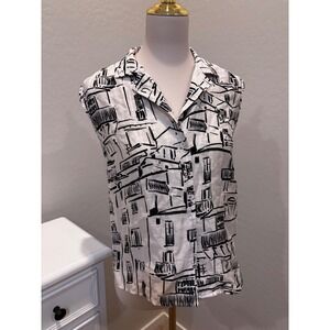 Bella Dahl Sketch Print Sleeveless Button Down Blouse White Black XS Cityscape
